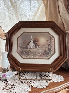 Octagonal Wood Framed Country Church Print - Sepia Tones